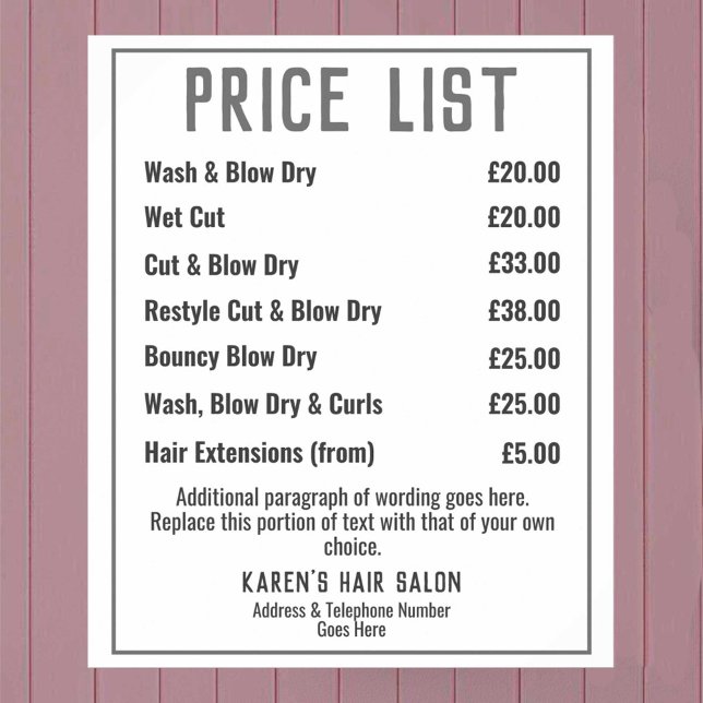 Hairdresser Hair Salon Price List Poster (Criador carregado)