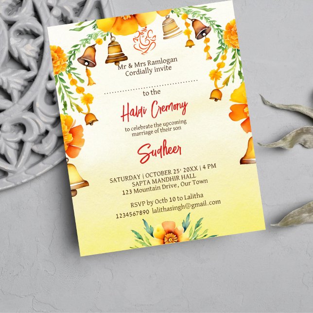 Haldi marigolds sinaliza convite para o orçamento  (Haldi template invitation digital download Indian wedding whimsical bells marigolds garlands Ganesha)