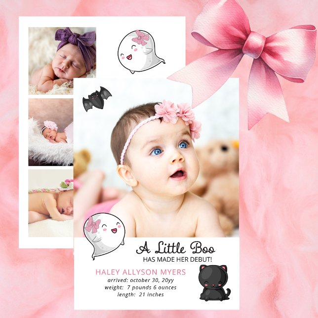 Halloween A Little Boo Ghost - Nascimento da Menin (Cute Halloween A Little Boo Has Made Her Debut Girl Birth Announcement With Kawaii Cat, Bat, Ghost)