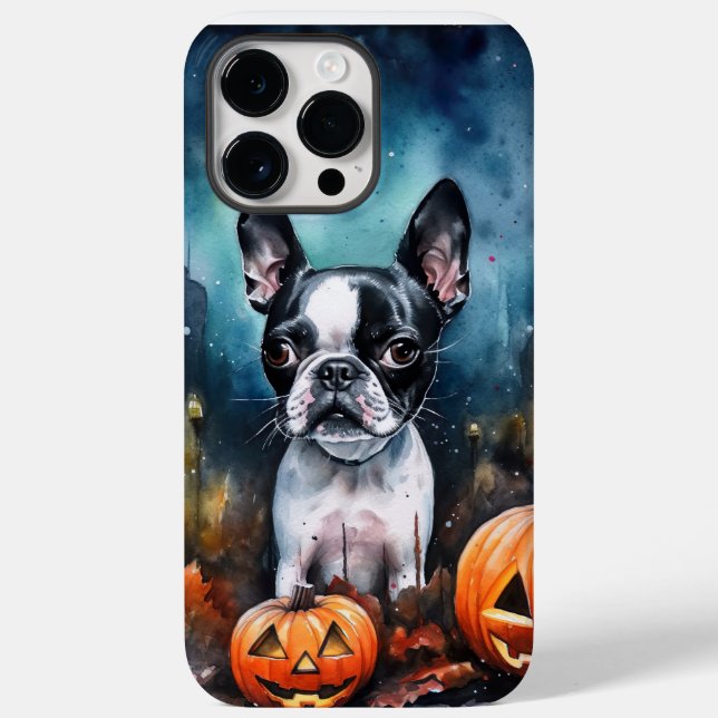 Halloween Boston Terrier Com Pumpkins Assustado (Verso)