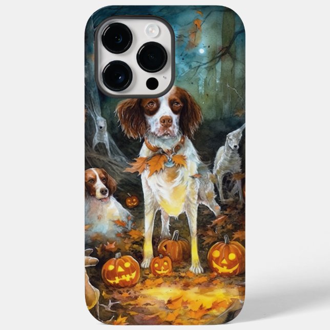 Halloween Brittany Spaniel Com Pumpkins Assustado (Verso)