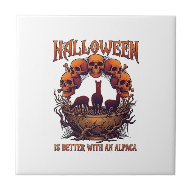Halloween É Melhor Alpaca Crânios Laranja Teia de  (Frente)