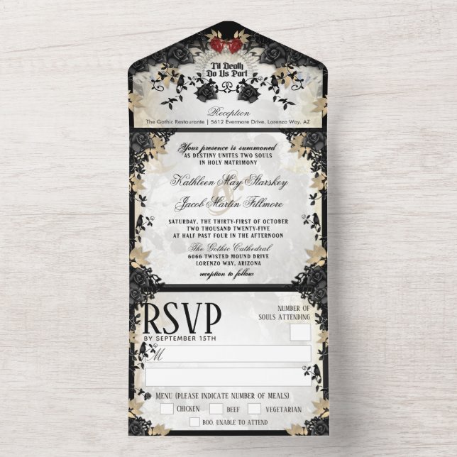 Halloween Elegante Black Rosa Skeletons MENU RSVP (Interno)