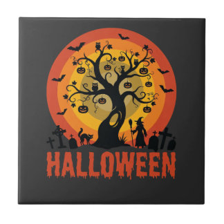 Halloween Haunted Tree Witch and Black Cats
