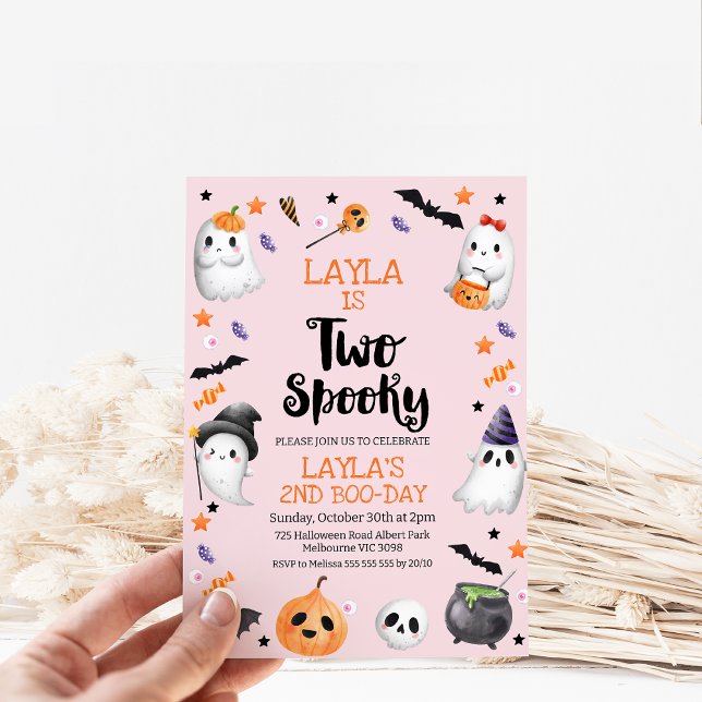 Halloween Rosa, Dois Convite De segundo aniversári (Girls Two Spooky 2nd Birthday Invitation, Halloween 2nd Birthday Invitation, Pink Halloween Themed)