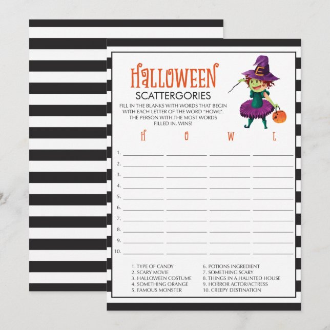 Halloween Scattergories Game Cards com bruxa (Frente/Verso)