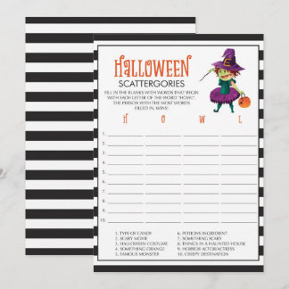 Halloween Scattergories Game Cards com bruxa
