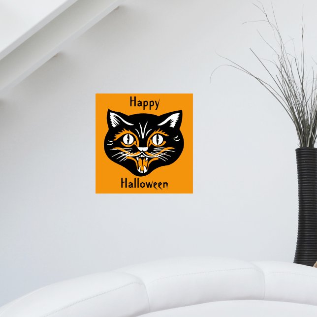 Halloween Vintage Gato Face Poster (Vintage Happy Halloween black smiling cat face on bright orange wall poster.)