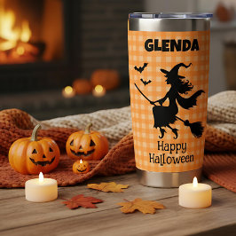 Halloween Witch & Bats Orange Plaid Custom Name