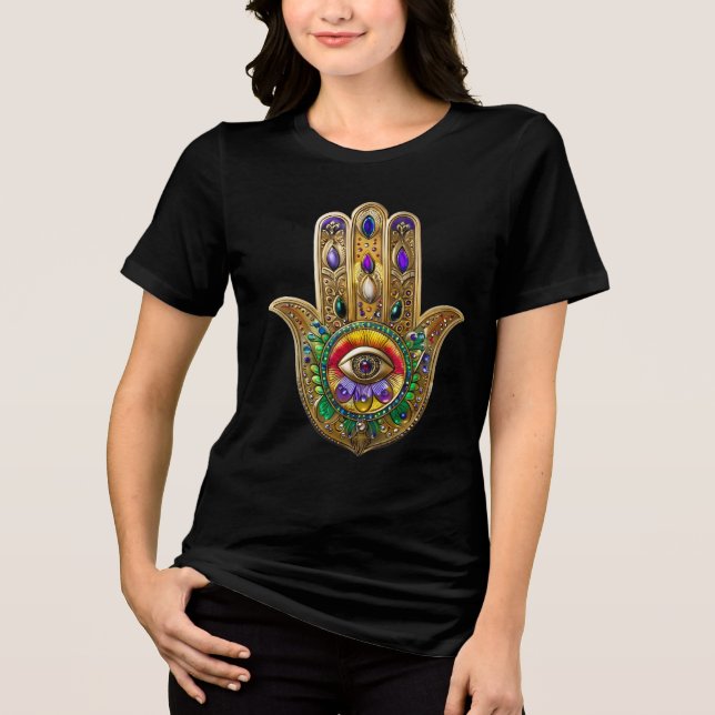 Hamsa de Ouro Pintado com Olho Terceiro de Ametist (Frente)
