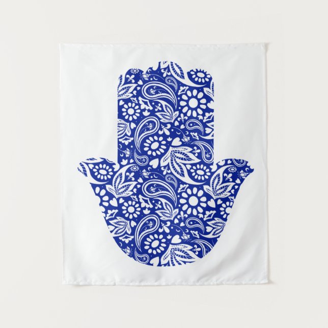 Hamsa Hand Bohemian Blue White Tapeçaria (Frente)