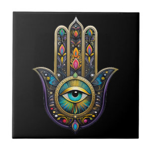 Hamsa Preto Colorido com Terceiro Olho Turquesa