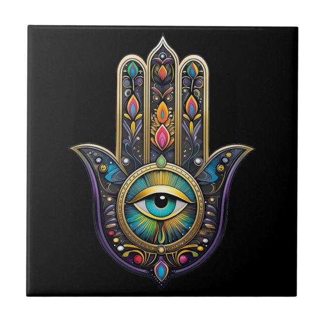 Hamsa Preto Colorido com Terceiro Olho Turquesa (Frente)