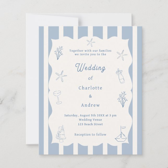 Hand drawn beach blue ivory wedding invitation (Frente)