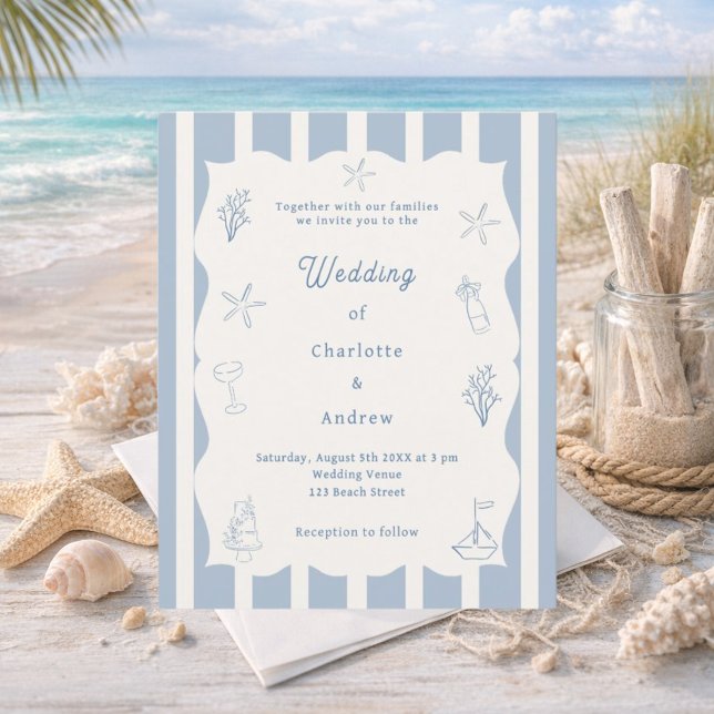 Hand drawn beach blue ivory wedding invitation (Criador carregado)