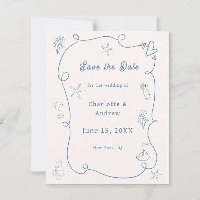 Hand drawn beach blue ivory wedding Save the Date (Frente)