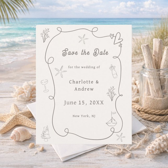 Hand drawn beach ivory taupe wedding Save the Date (Criador carregado)