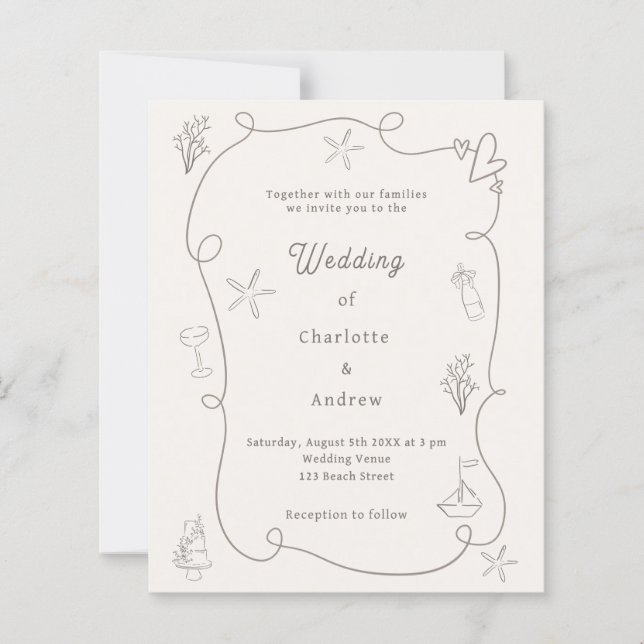 Hand drawn beach sand ivory wedding invitation (Frente)