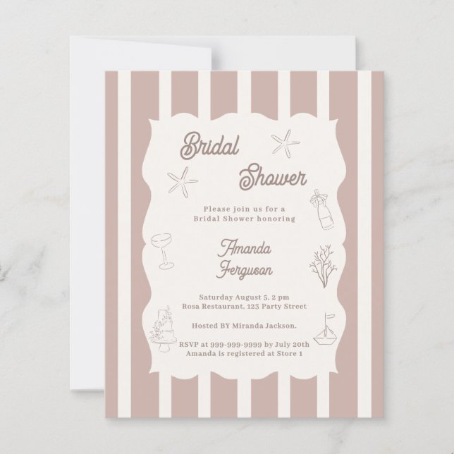 Hand drawn beach taupe Bridal Shower invitation (Frente)