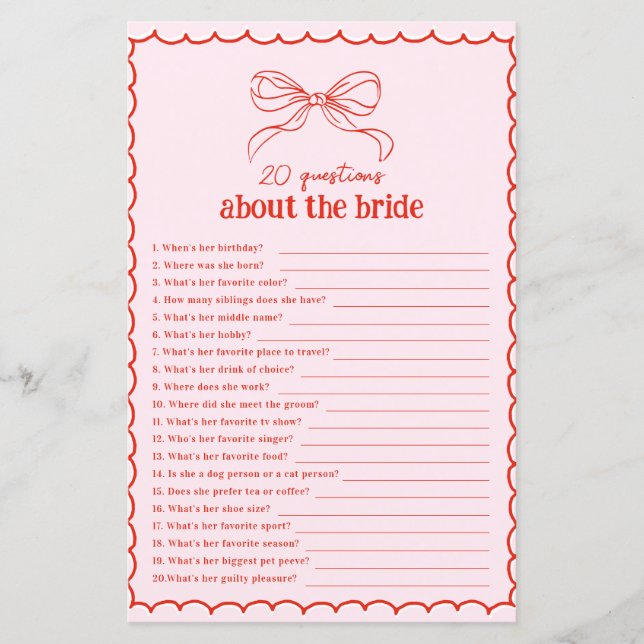 Hand Drawn Bow Red & Pink 20 Questions About Bride (Frente)