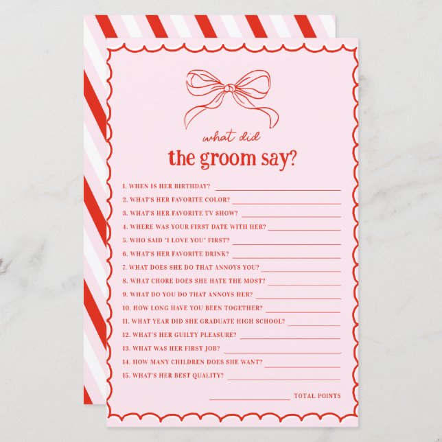 Hand Drawn Bow Red & Pink What Did the Groom Say (Frente/Verso)