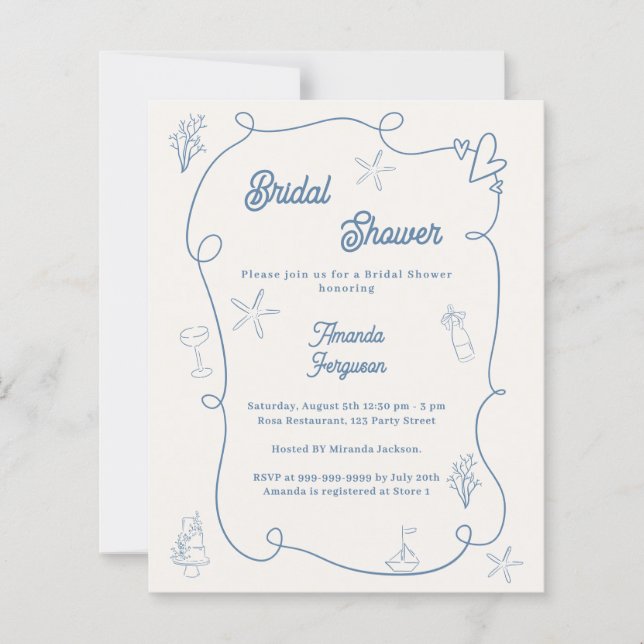 Hand drawn coastal blue Bridal Shower invitation (Frente)