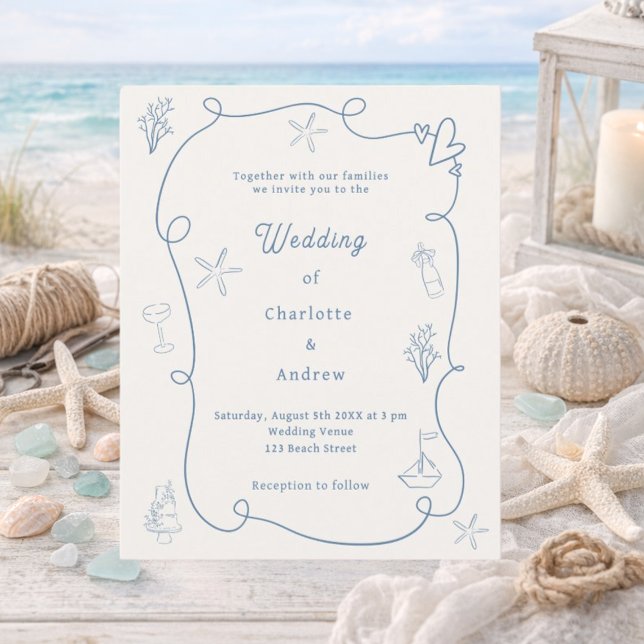 Hand drawn coastal blue ivory wedding invitation (Criador carregado)