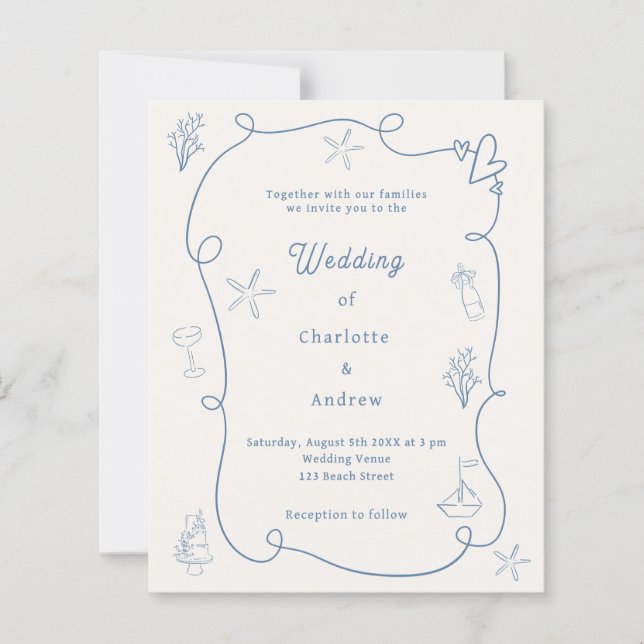 Hand drawn coastal blue ivory wedding invitation (Frente)
