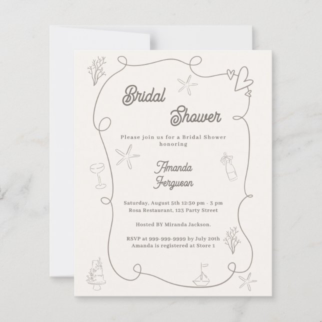 Hand drawn coastal sand Bridal Shower invitation (Frente)