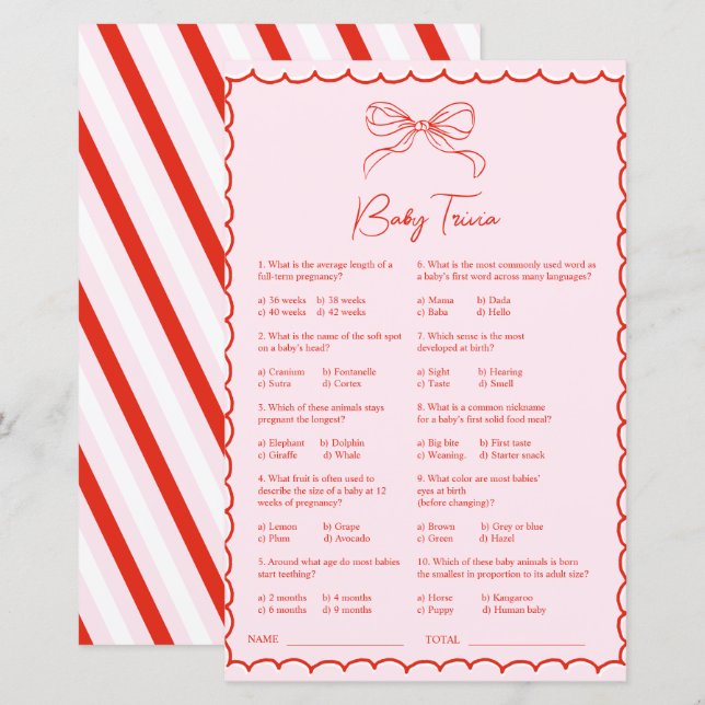 Hand Drawn Pink Red Baby Trivia Baby Shower Game (Frente/Verso)