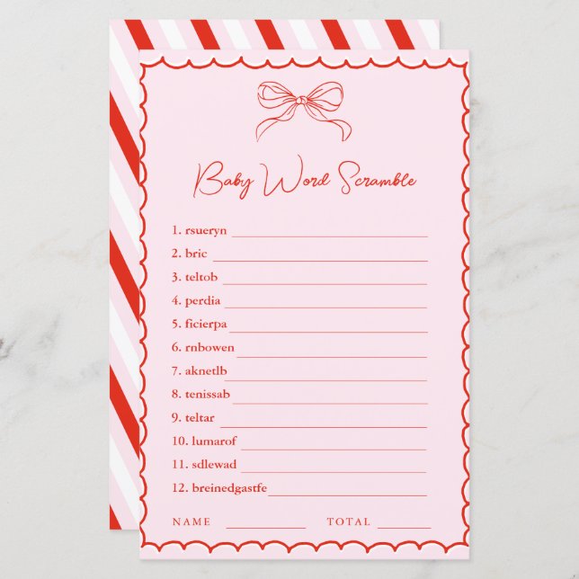 Hand Drawn Pink Red Word Scramble Baby Shower Game (Frente/Verso)