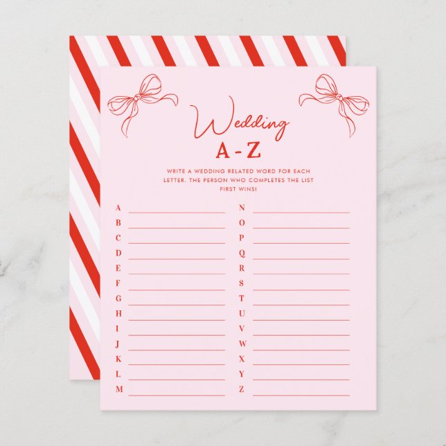 Hand Drawn Red Bow Wedding A-Z Bridal Shower Game (Frente/Verso)