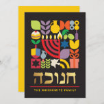 Hanukkah Chanukah moderno cartão de saudação judai<br><div class="desc">Hanukkah / Chanukah - Cartão Geométrico Colorido Moderno com Folha de Ouro Faux. Menorah, Dreidel, Rosquinhas, estrelas e azeite... Estão todos aqui. Símbolos hebraicos e judeus de Hanukkah espaço para adicionar seu texto personalizado na frente e ao contrário. Feliz desejo Hanukkah. Hebraico na frente diz "Chanukah". Esta bela, bela, olha,...</div>