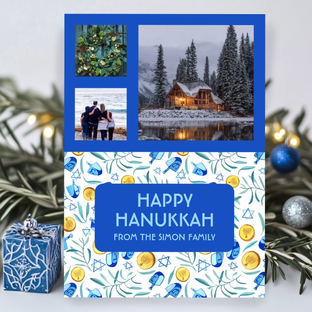 HANUKKAH CUSTOM 3 FOTOS Driedel Gelt Holiday (HANUKKAH CUSTOM PHOTOS Driedel Gelt Watercolor Holiday Card
)