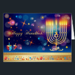 Hanukkah Lights Festival Feriado Cartão Menorah<br><div class="desc">Feliz Hanukkah Belo Festival de Férias Judaicas de Cartão de Saudação das Luzes. Antecedentes judaicos Holiday Hanukkah com símbolos tradicionais Chanukah - sonhos de madeira (rodando topo), rosquinhas, menorah, velas, estrela de David e luzes brilhantes de bokeh, padrão de papel de parede brilha. Decoração do Festival Chanucá. Jerusalém, Israel. Convites...</div>