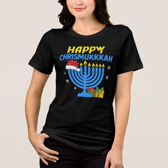 Happy Chrismukkah Menorah Santa Hat Holiday Tee (Frente)