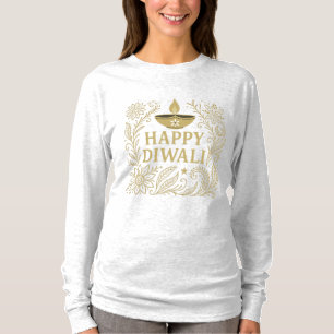 Happy Diwali Dourada Camiseta Elegante de Longa Fo