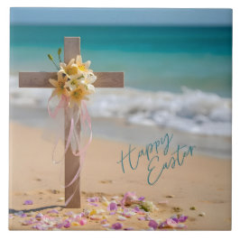 Happy Easter Wooden Cross and Lilies on Beach
