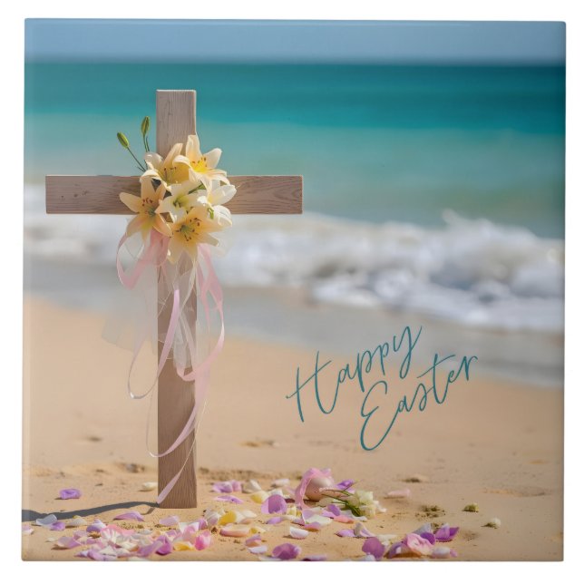 Happy Easter Wooden Cross and Lilies on Beach (Frente)