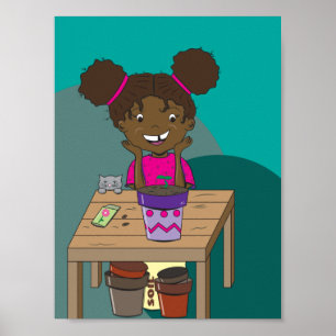 Happy Girl a olhar para a Poster das suas mudas