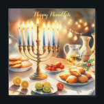 Happy Hanukkah<br><div class="desc">Ilustração de aquarela de Hanukkah. Uma mesa bem arrumada para uma comemoração festiva,  com uma menorah tradicional com velas iluminadas. Luz suave e quente,  enquanto decorações de férias adicionam um toque de alegria. Luzes quentes criando uma atmosfera acolhedora e convidativa.</div>