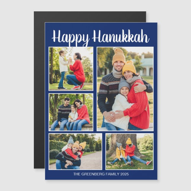 Happy Hanukkah Family Photo Collage Magnet Card (Frente/Verso)