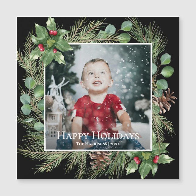 Happy Holidays Photo Greenery Square Magnetic Card (Frente)