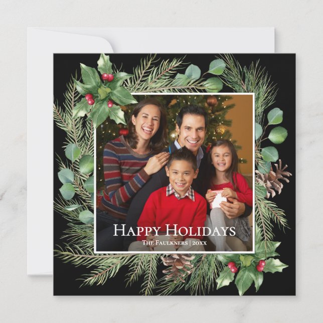 Happy Holidays Photo Wreath Greenery Square Card (Frente)