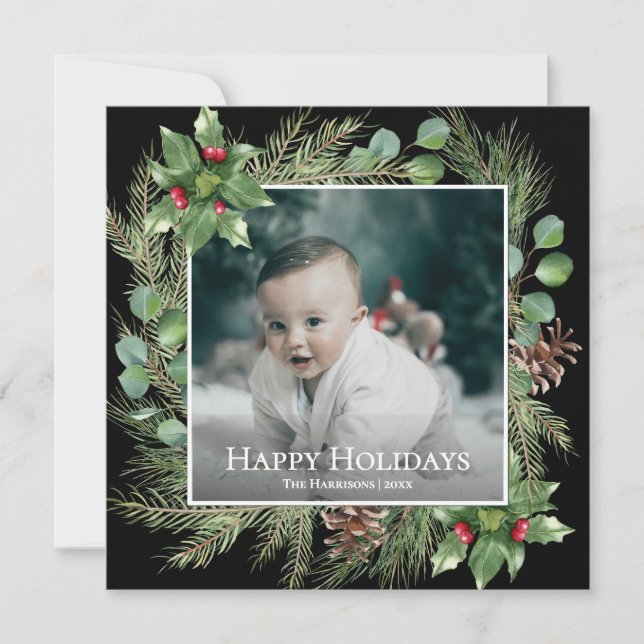 Happy Holidays Photo Wreath Square Christmas Card (Frente)