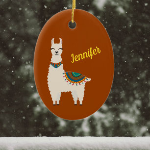 Happy Llama com nome no ornamento de cerâmica ver