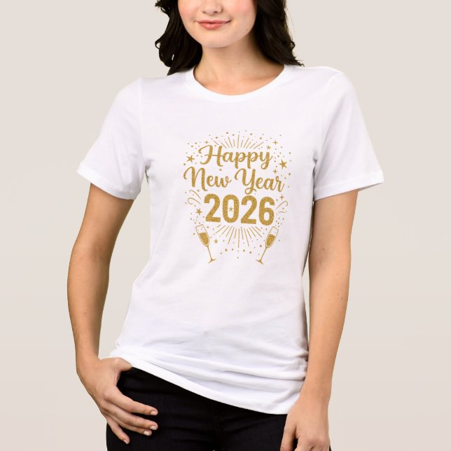 ✨ Happy New Year 2026 Gold Glitter T-Shirt (Frente)