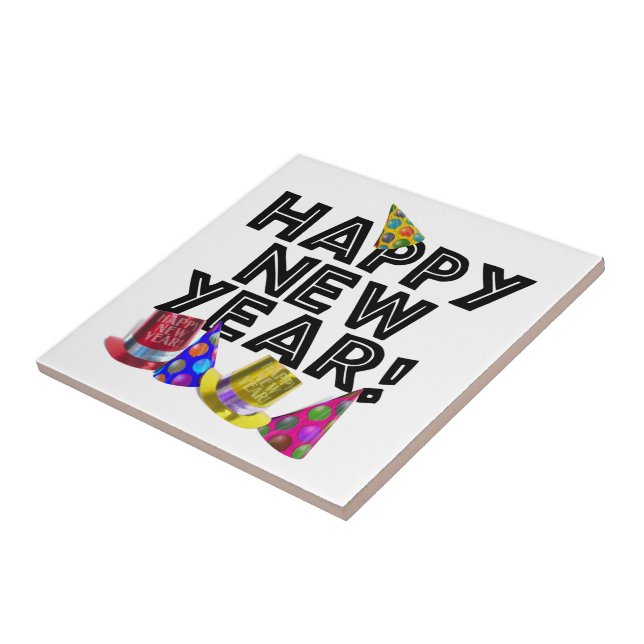 Happy New Year - Black Text with Party Hats (Lateral)