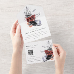 Harbor Yacht Sailboat Watercolor Casamento QR Code