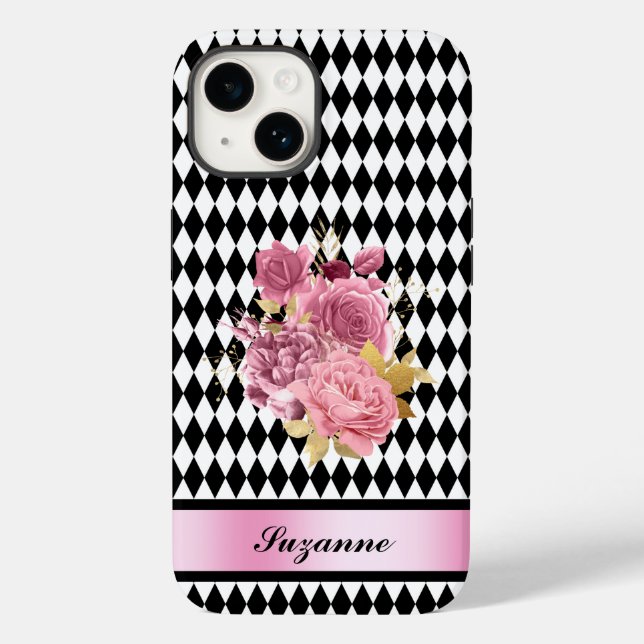 Harlequin branco preto com flor rosa e nome (Verso)